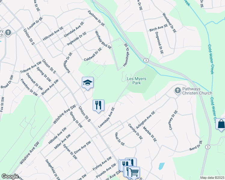 map of restaurants, bars, coffee shops, grocery stores, and more near Lawndale Avenue Southeast in Concord