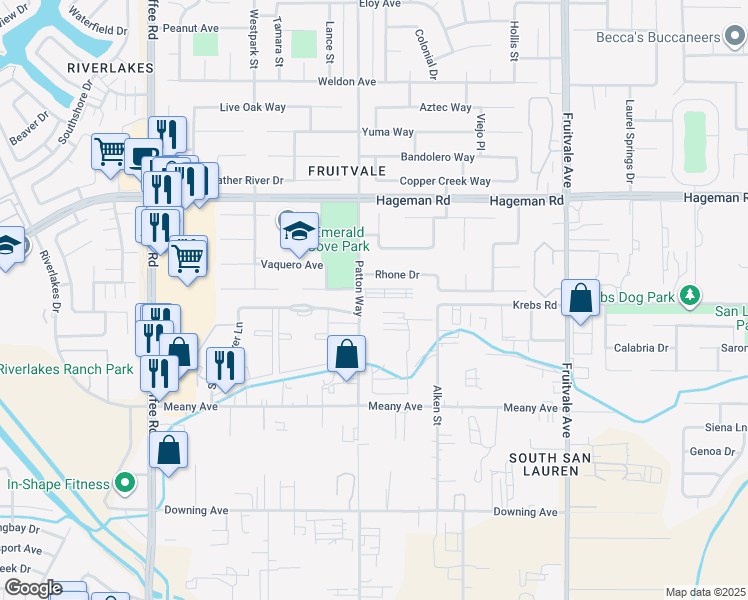 map of restaurants, bars, coffee shops, grocery stores, and more near 4200 Patton Way in Bakersfield