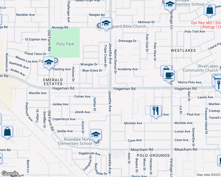 map of restaurants, bars, coffee shops, grocery stores, and more near Hageman Rd & Jewetta Ave in Bakersfield