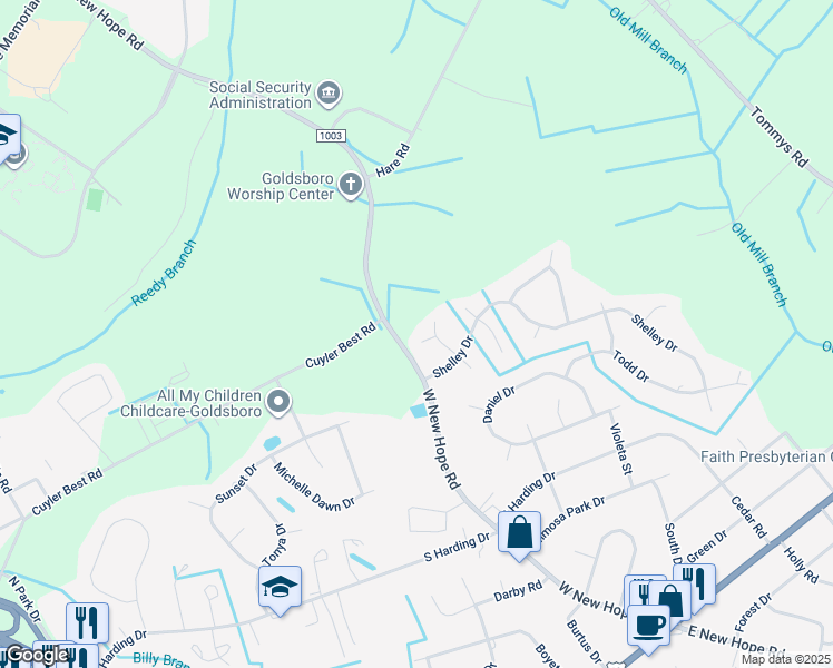 map of restaurants, bars, coffee shops, grocery stores, and more near 102 Atsur Place in Goldsboro