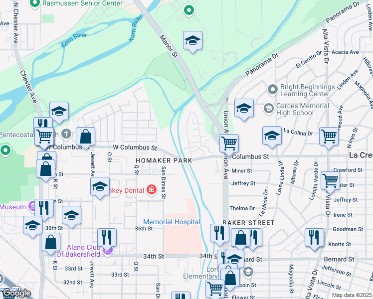map of restaurants, bars, coffee shops, grocery stores, and more near 4300 Isla Verde Street in Bakersfield