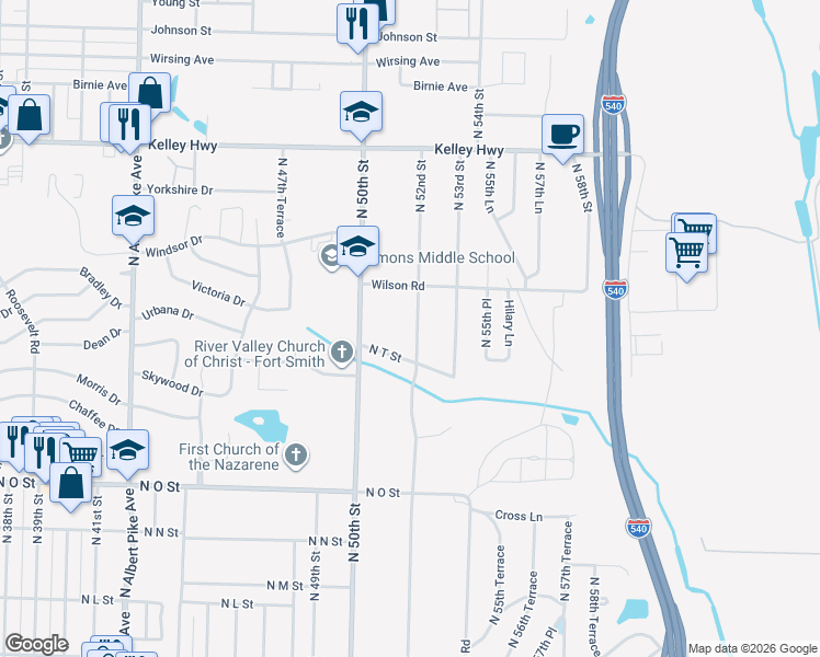 map of restaurants, bars, coffee shops, grocery stores, and more near 2115 North 52nd Street in Fort Smith