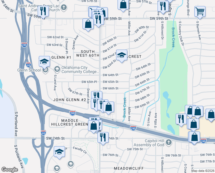 map of restaurants, bars, coffee shops, grocery stores, and more near 2825 Southwest 65th Street in Oklahoma City