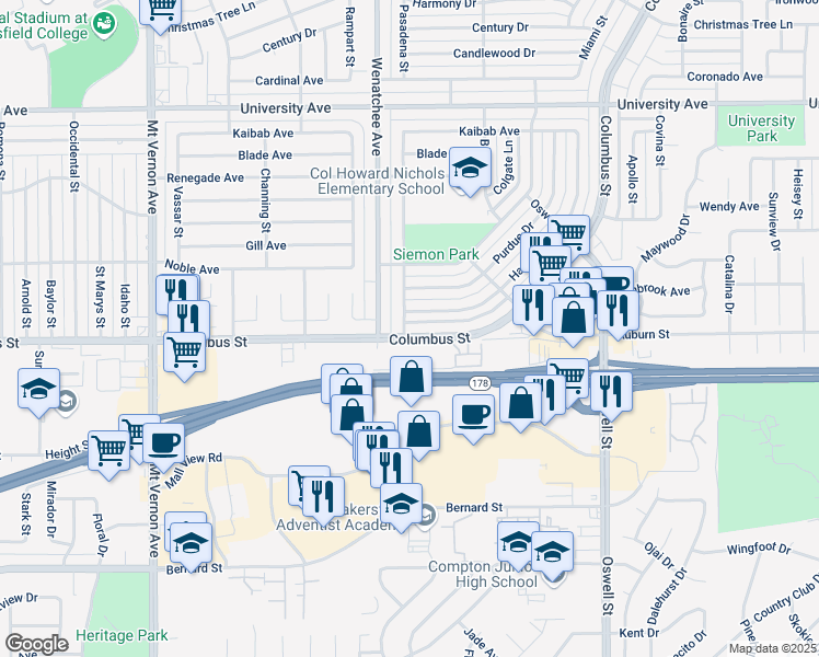 map of restaurants, bars, coffee shops, grocery stores, and more near 3200 Harvard Drive in Bakersfield