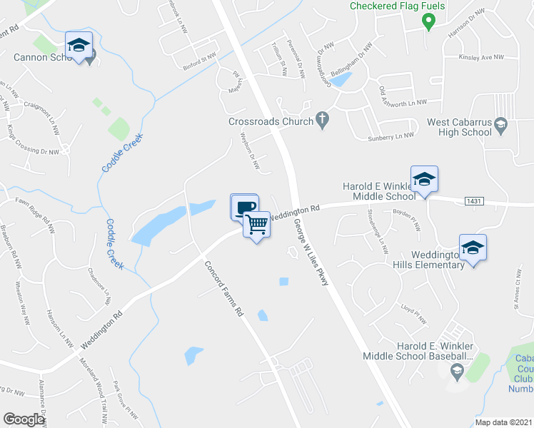map of restaurants, bars, coffee shops, grocery stores, and more near 4970 Weddington Road in Concord