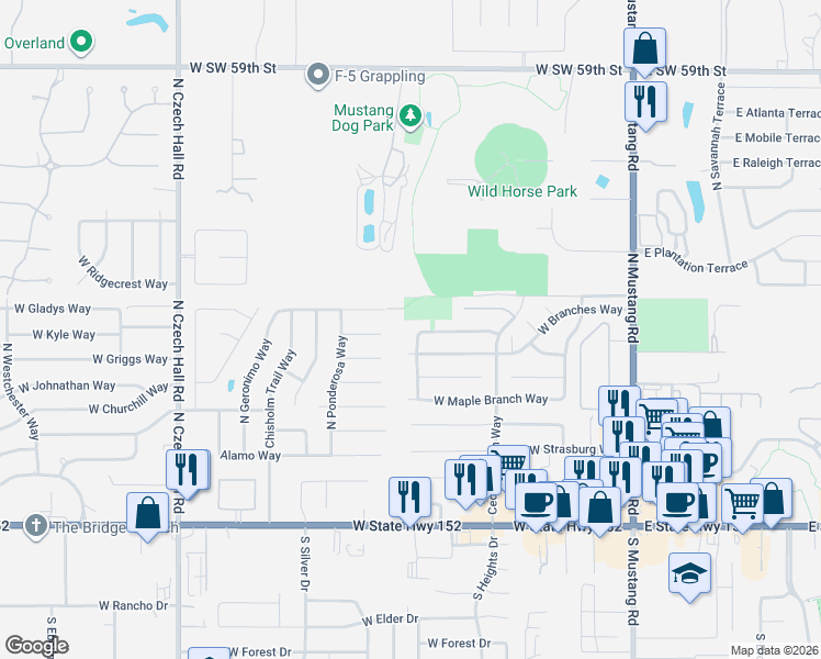 map of restaurants, bars, coffee shops, grocery stores, and more near 530 West Geronimo Court Way in Mustang