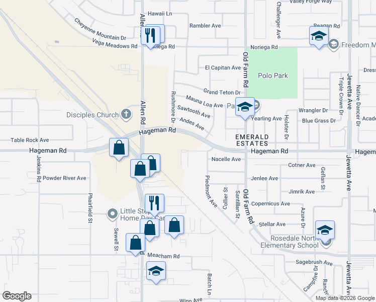 map of restaurants, bars, coffee shops, grocery stores, and more near 13098 Paddock Place in Bakersfield