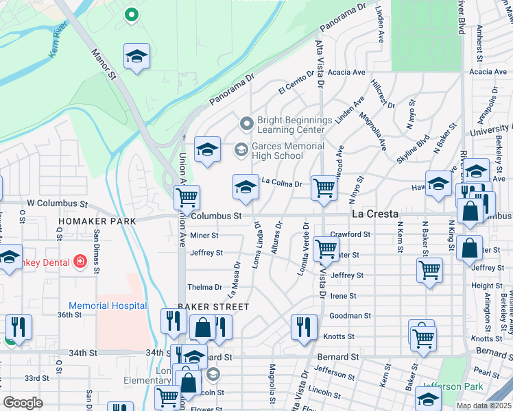 map of restaurants, bars, coffee shops, grocery stores, and more near 2721 Loma Linda Drive in Bakersfield