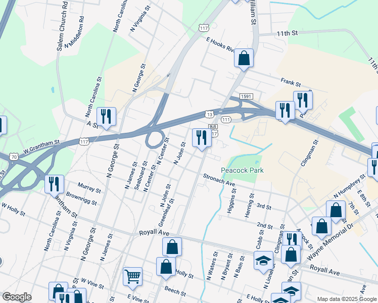 map of restaurants, bars, coffee shops, grocery stores, and more near 209 Brogden Street in Goldsboro