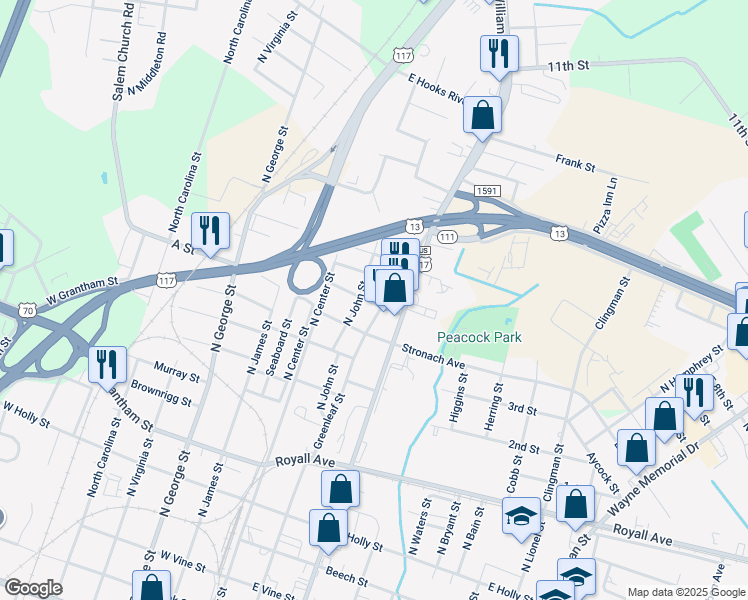 map of restaurants, bars, coffee shops, grocery stores, and more near 209 Brogden Street in Goldsboro