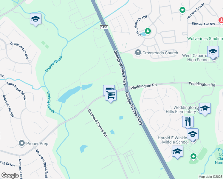 map of restaurants, bars, coffee shops, grocery stores, and more near 4970 Weddington Road in Concord