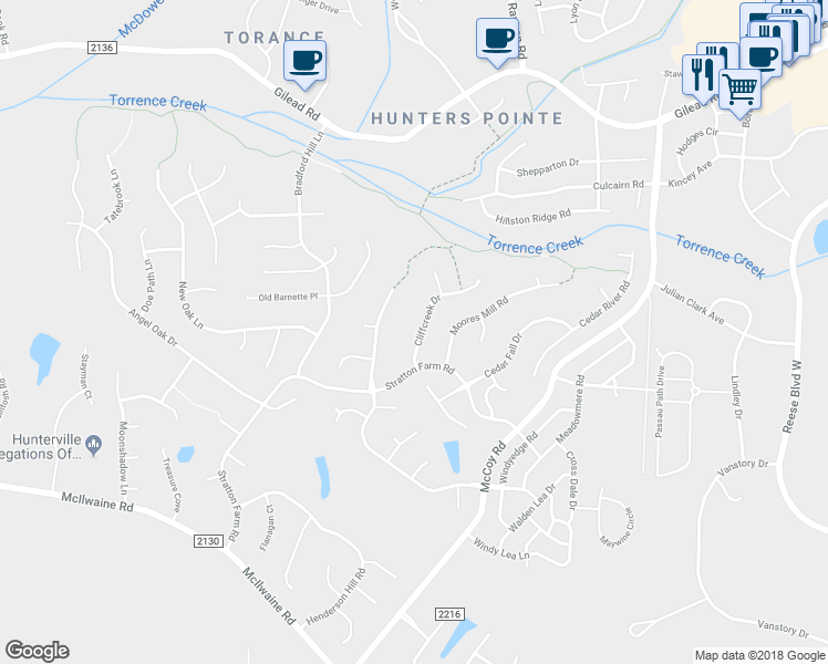 map of restaurants, bars, coffee shops, grocery stores, and more near 12525 Cliffcreek Drive in Huntersville
