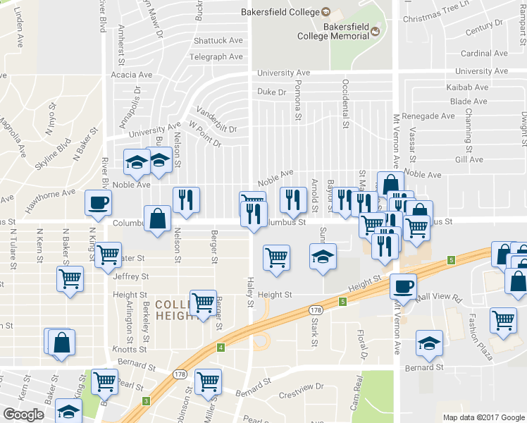 map of restaurants, bars, coffee shops, grocery stores, and more near 2800 Cornell Street in Bakersfield