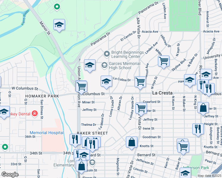 map of restaurants, bars, coffee shops, grocery stores, and more near 2721 Loma Linda Drive in Bakersfield
