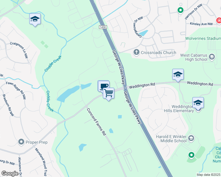map of restaurants, bars, coffee shops, grocery stores, and more near 4970 Weddington Road in Concord
