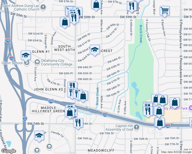 map of restaurants, bars, coffee shops, grocery stores, and more near 2704 Southwest 65th Street in Oklahoma City