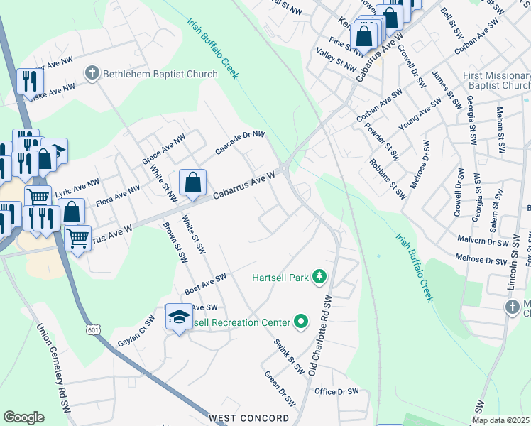 map of restaurants, bars, coffee shops, grocery stores, and more near Liberty Drive Southwest in Concord
