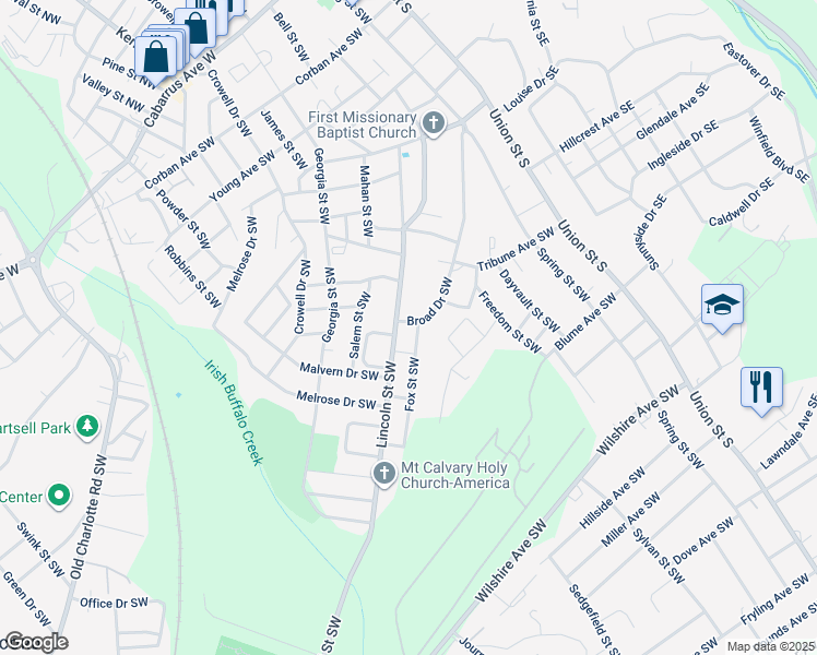 map of restaurants, bars, coffee shops, grocery stores, and more near 393 Broad Drive Southwest in Concord
