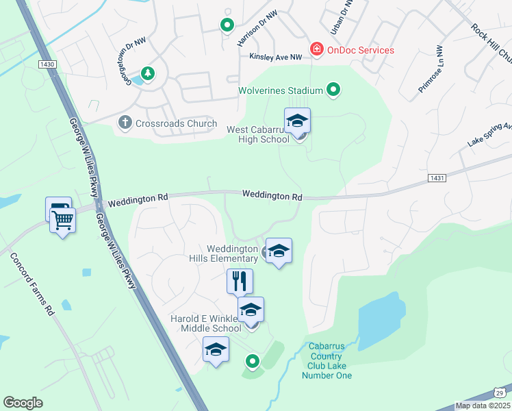 map of restaurants, bars, coffee shops, grocery stores, and more near 4367 Weddington Road in Concord