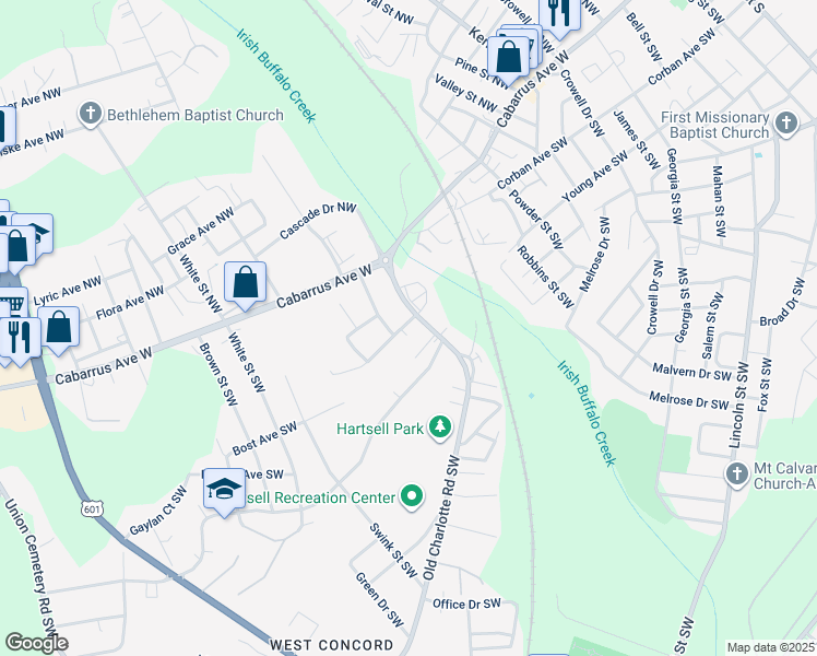 map of restaurants, bars, coffee shops, grocery stores, and more near 8 Meadowview Avenue Southwest in Concord