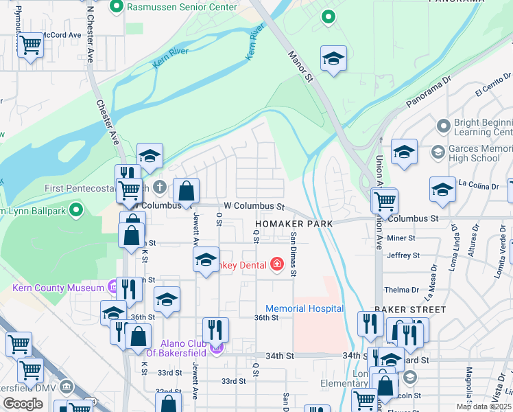 map of restaurants, bars, coffee shops, grocery stores, and more near West Columbus Street & Q Street in Bakersfield