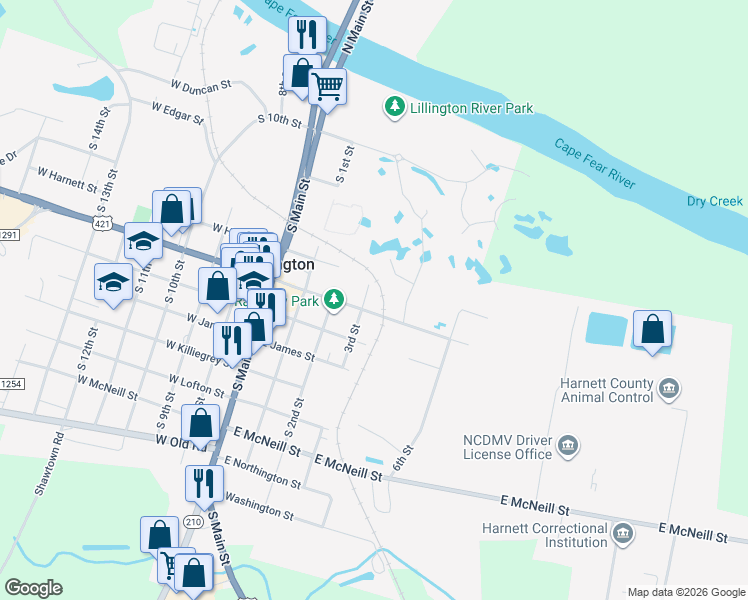 map of restaurants, bars, coffee shops, grocery stores, and more near 703 South 3rd Street in Lillington