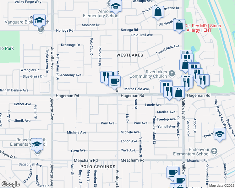 map of restaurants, bars, coffee shops, grocery stores, and more near Hageman Road & Verdugo Lane in Bakersfield