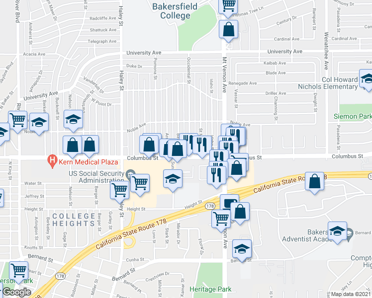 map of restaurants, bars, coffee shops, grocery stores, and more near 2720 Occidental Street in Bakersfield