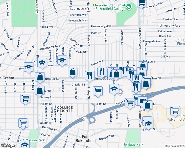 map of restaurants, bars, coffee shops, grocery stores, and more near 2800 Cornell Street in Bakersfield