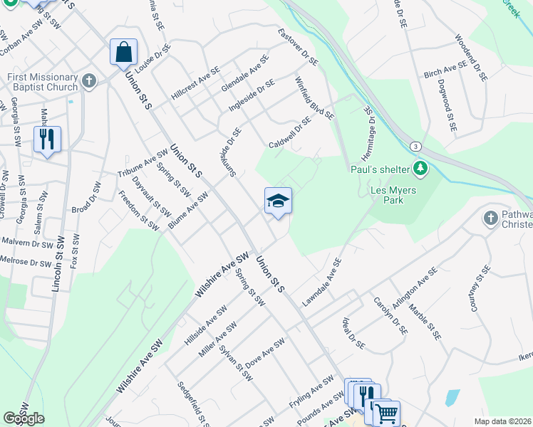 map of restaurants, bars, coffee shops, grocery stores, and more near 517 Sunnyside Drive Southeast in Concord