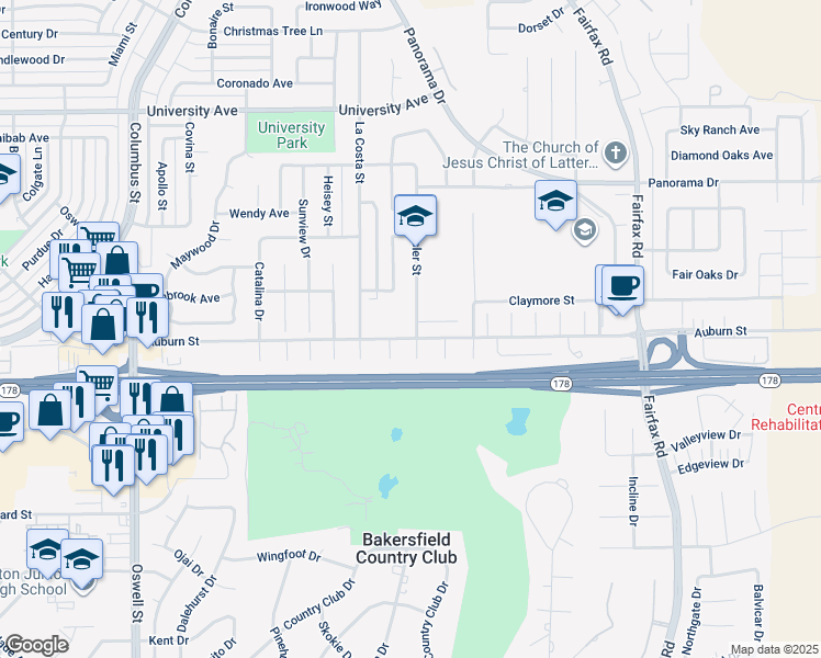 map of restaurants, bars, coffee shops, grocery stores, and more near 2700 Eissler Street in Bakersfield