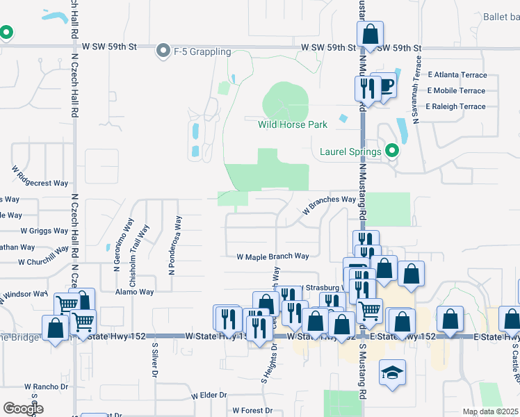 map of restaurants, bars, coffee shops, grocery stores, and more near 337 West Crooked Branch Way in Mustang