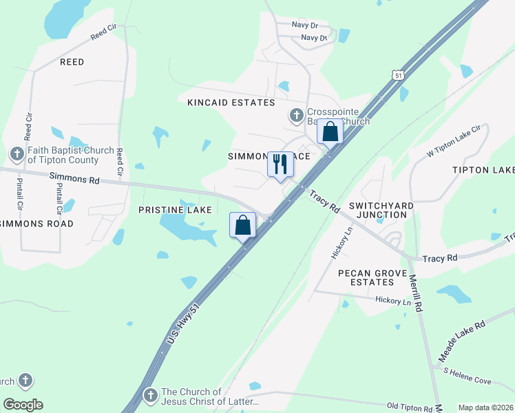 map of restaurants, bars, coffee shops, grocery stores, and more near 86 Simmons Road in Munford