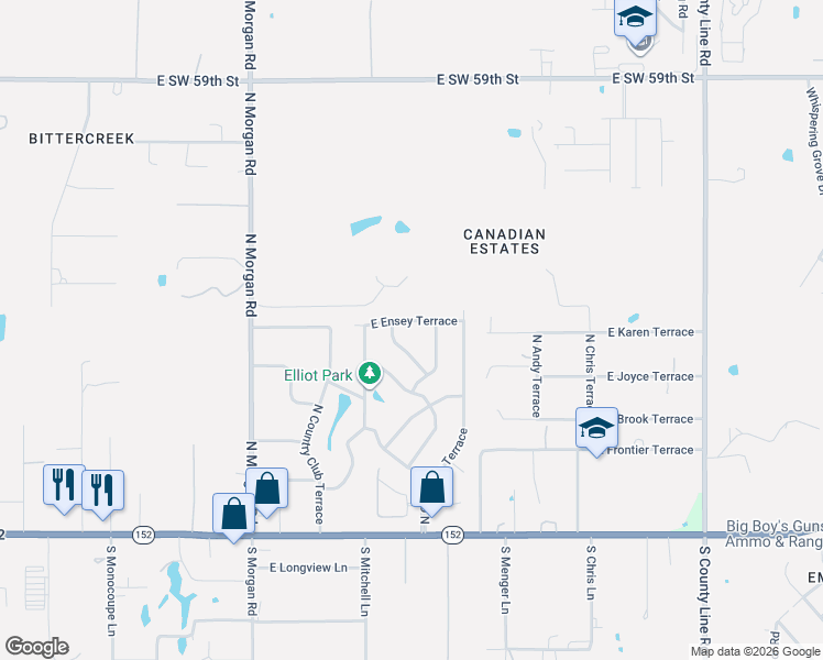 map of restaurants, bars, coffee shops, grocery stores, and more near 1931 East Ensey Terrace in Mustang