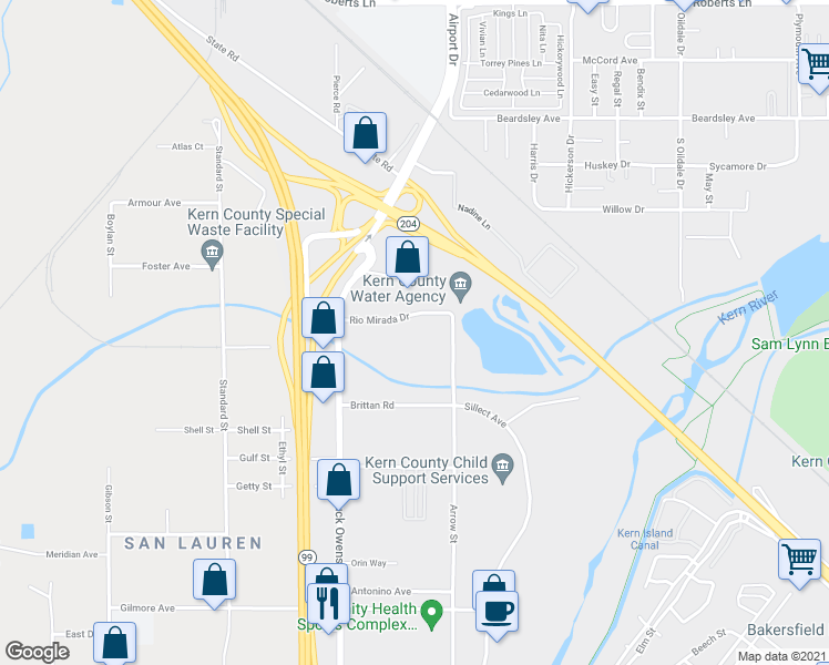 map of restaurants, bars, coffee shops, grocery stores, and more near 3233 Rio Mirada Dr in Bakersfield