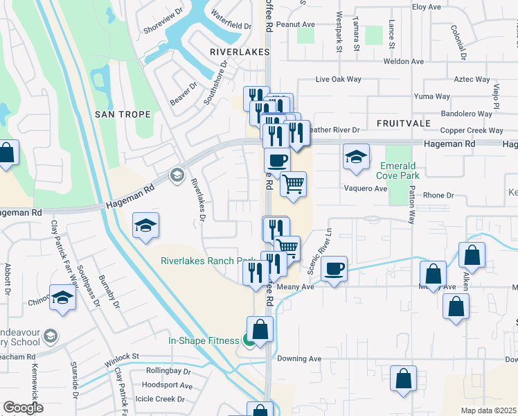 map of restaurants, bars, coffee shops, grocery stores, and more near 8101 Pebble Cove Court in Bakersfield