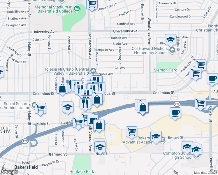 map of restaurants, bars, coffee shops, grocery stores, and more near 2806 Rice Street in Bakersfield