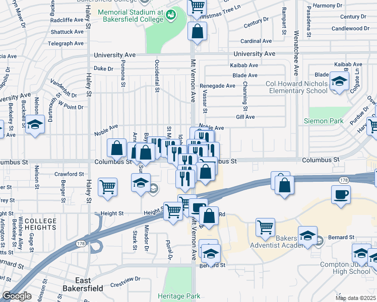 map of restaurants, bars, coffee shops, grocery stores, and more near 2720 Mount Vernon Avenue in Bakersfield