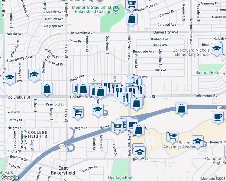 map of restaurants, bars, coffee shops, grocery stores, and more near 2717 Saint Marys Street in Bakersfield