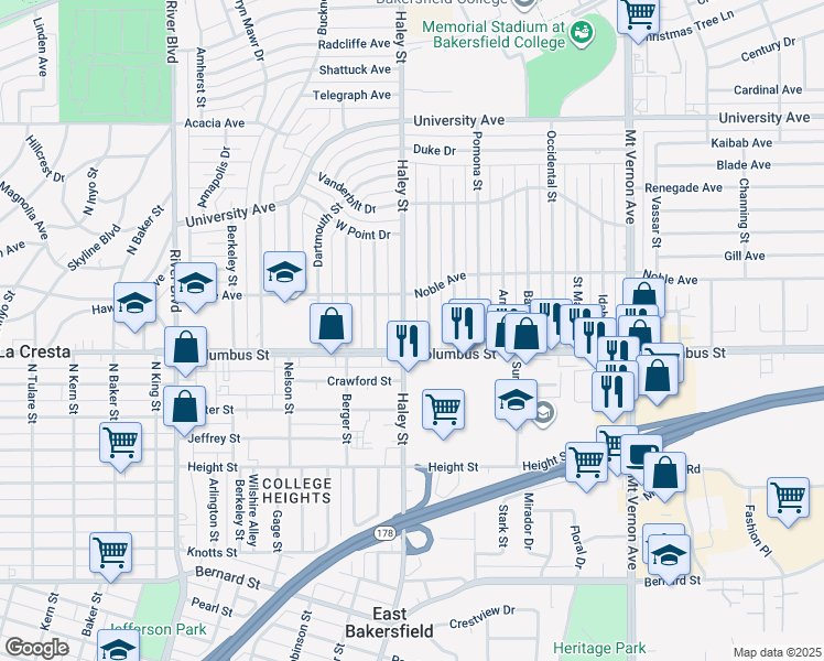 map of restaurants, bars, coffee shops, grocery stores, and more near 2800 Cornell Street in Bakersfield