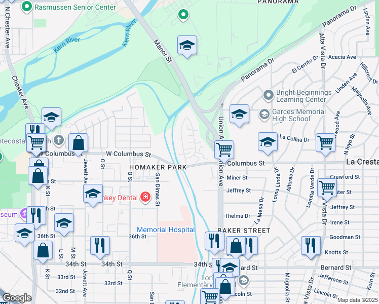 map of restaurants, bars, coffee shops, grocery stores, and more near 4300 Isla Verde Street in Bakersfield