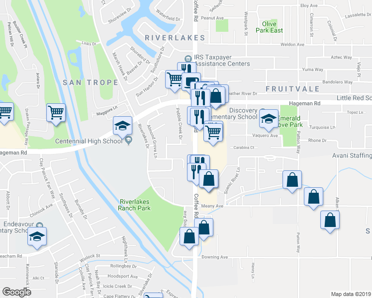 map of restaurants, bars, coffee shops, grocery stores, and more near 8101 Pebble Cove Court in Bakersfield