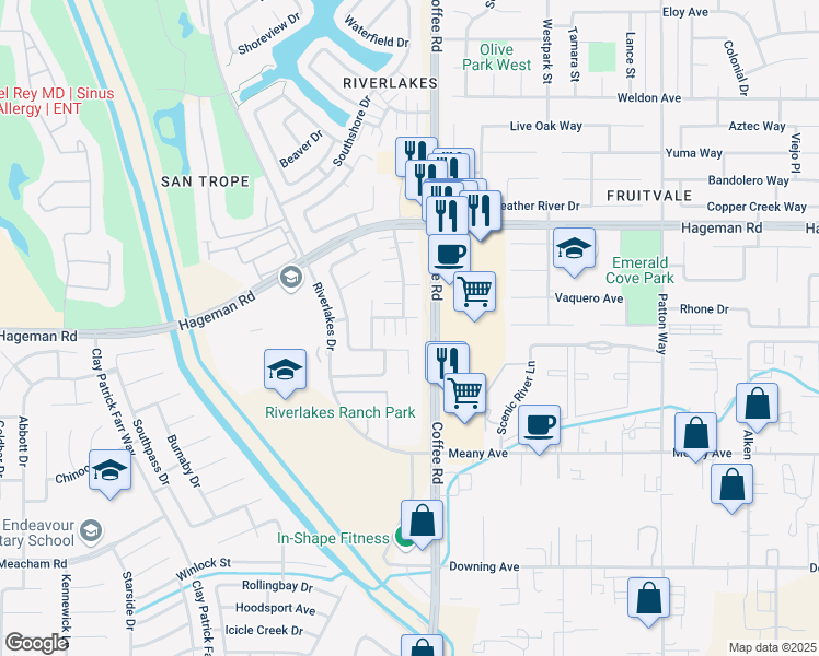 map of restaurants, bars, coffee shops, grocery stores, and more near 8101 Pebble Cove Court in Bakersfield