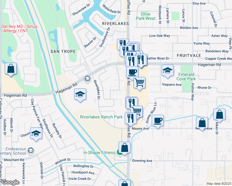 map of restaurants, bars, coffee shops, grocery stores, and more near 8211 Pebble Cove Court in Bakersfield