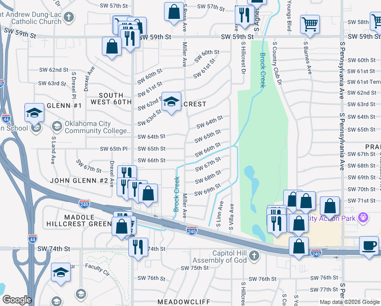 map of restaurants, bars, coffee shops, grocery stores, and more near 2609 Southwest 66th Street in Oklahoma City