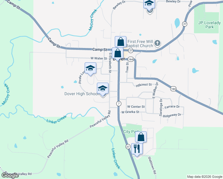 map of restaurants, bars, coffee shops, grocery stores, and more near 302 South Elizabeth Street in Dover