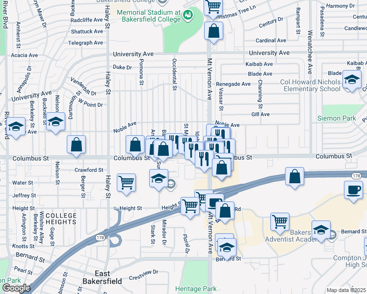 map of restaurants, bars, coffee shops, grocery stores, and more near 2717 Saint Marys Street in Bakersfield