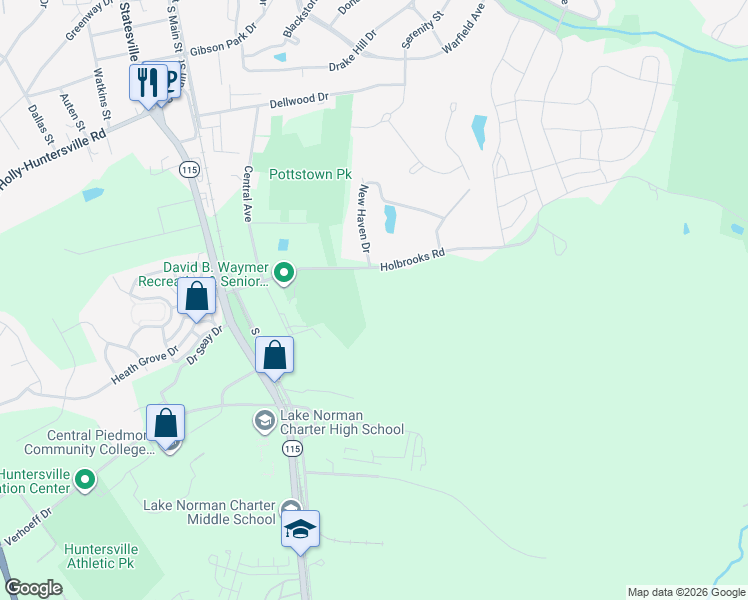 map of restaurants, bars, coffee shops, grocery stores, and more near 14309 Carolyn Court in Huntersville