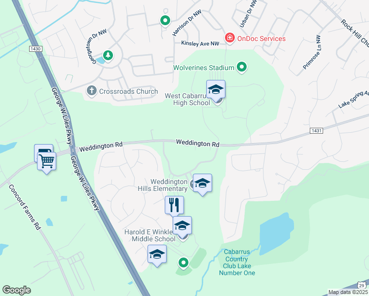 map of restaurants, bars, coffee shops, grocery stores, and more near 4367 Weddington Road in Concord