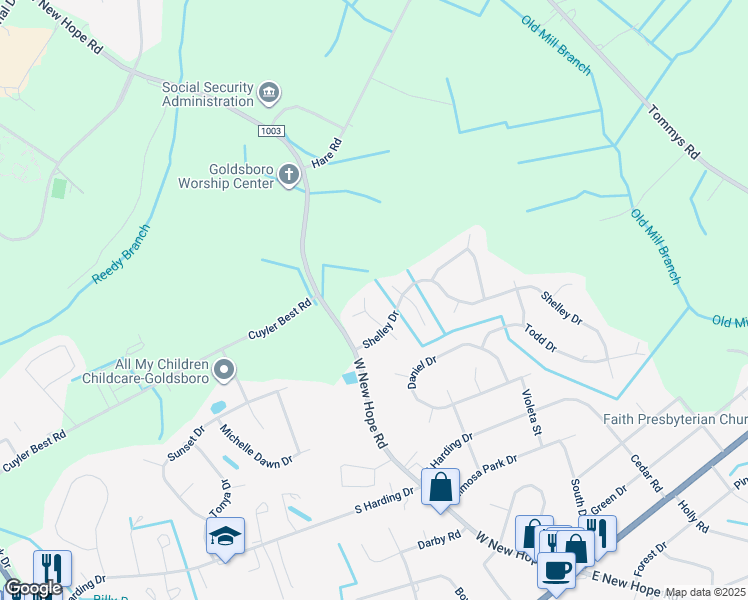 map of restaurants, bars, coffee shops, grocery stores, and more near 905 North Baden Court in Goldsboro